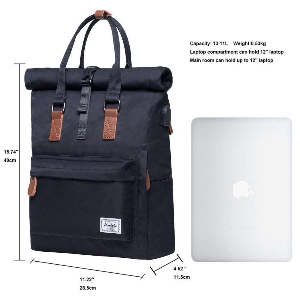 KAUKKO Backpack Everyday Essentials Daypack for Men and Women with USB Charging Port, K1047 ( Black / 13.1L ) - kaukko