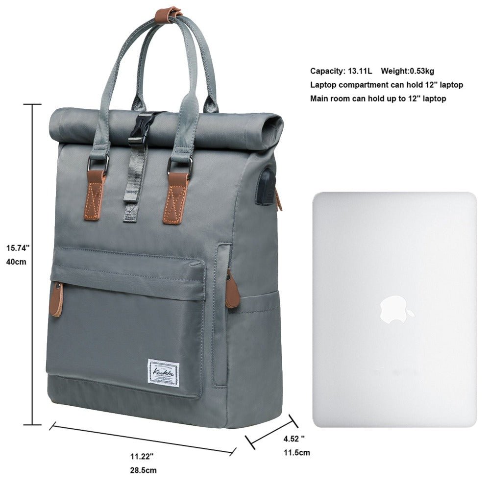 KAUKKO Backpack Everyday Essentials Daypack for Men and Women with USB Charging Port, K1047 ( Grey / 13.1L ) - kaukko