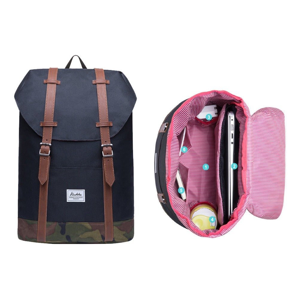 KAUKKO Backpack Women Men Vintage Travel Backpack, EP6-2 ( Black / 18.3L ) - kaukko