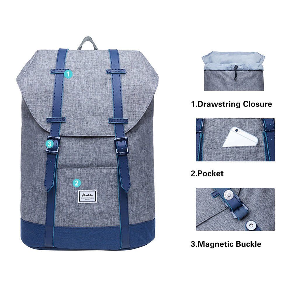 KAUKKO Backpack Women Men Vintage Travel Backpack, EP6-2 ( Grey Blue / 18.3L ) - kaukko