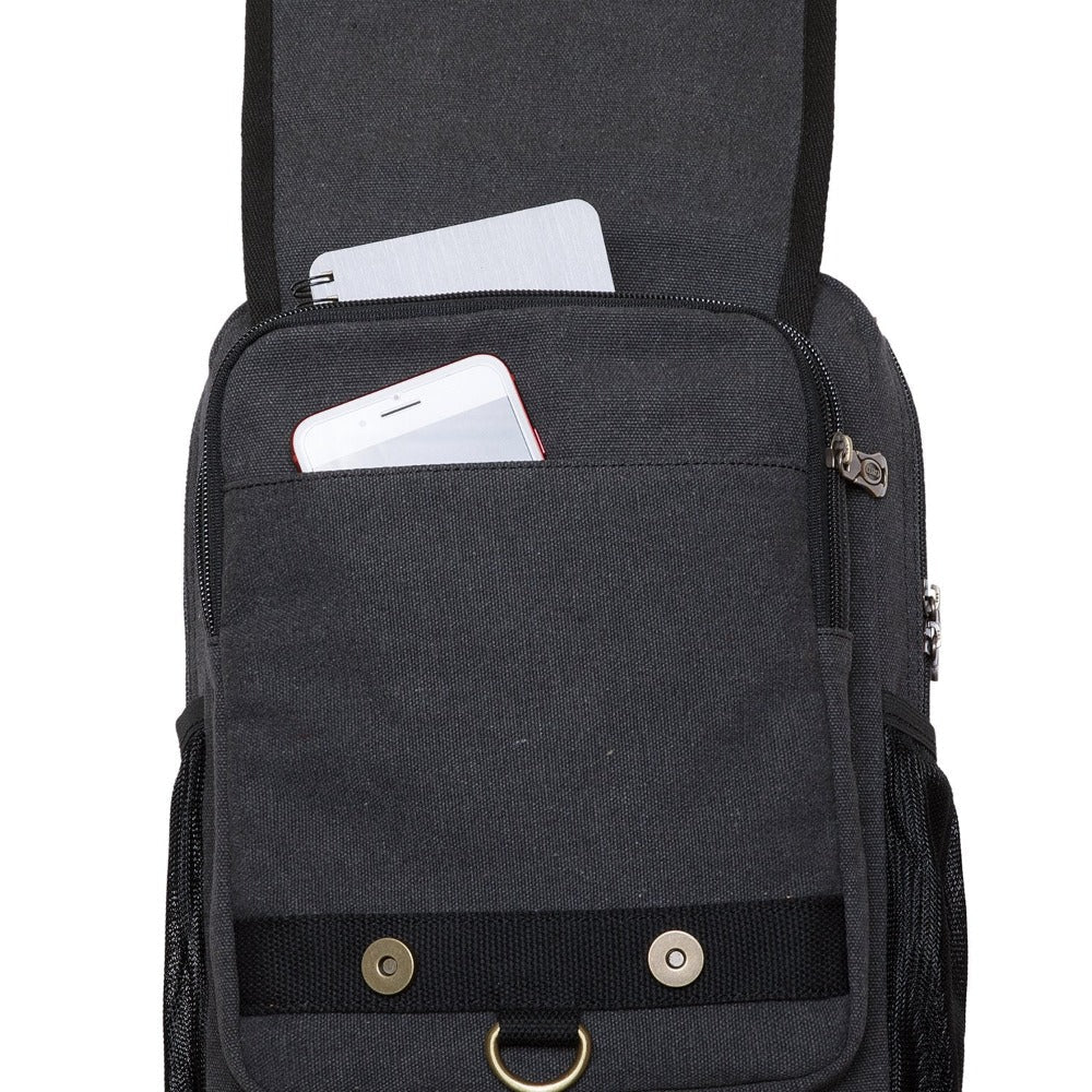 KAUKKO Canvas Crossbody Sling Bag Backpack for Cycling, Hiking, Camping, and Commuting, FD252-3 ( Black ) - kaukko