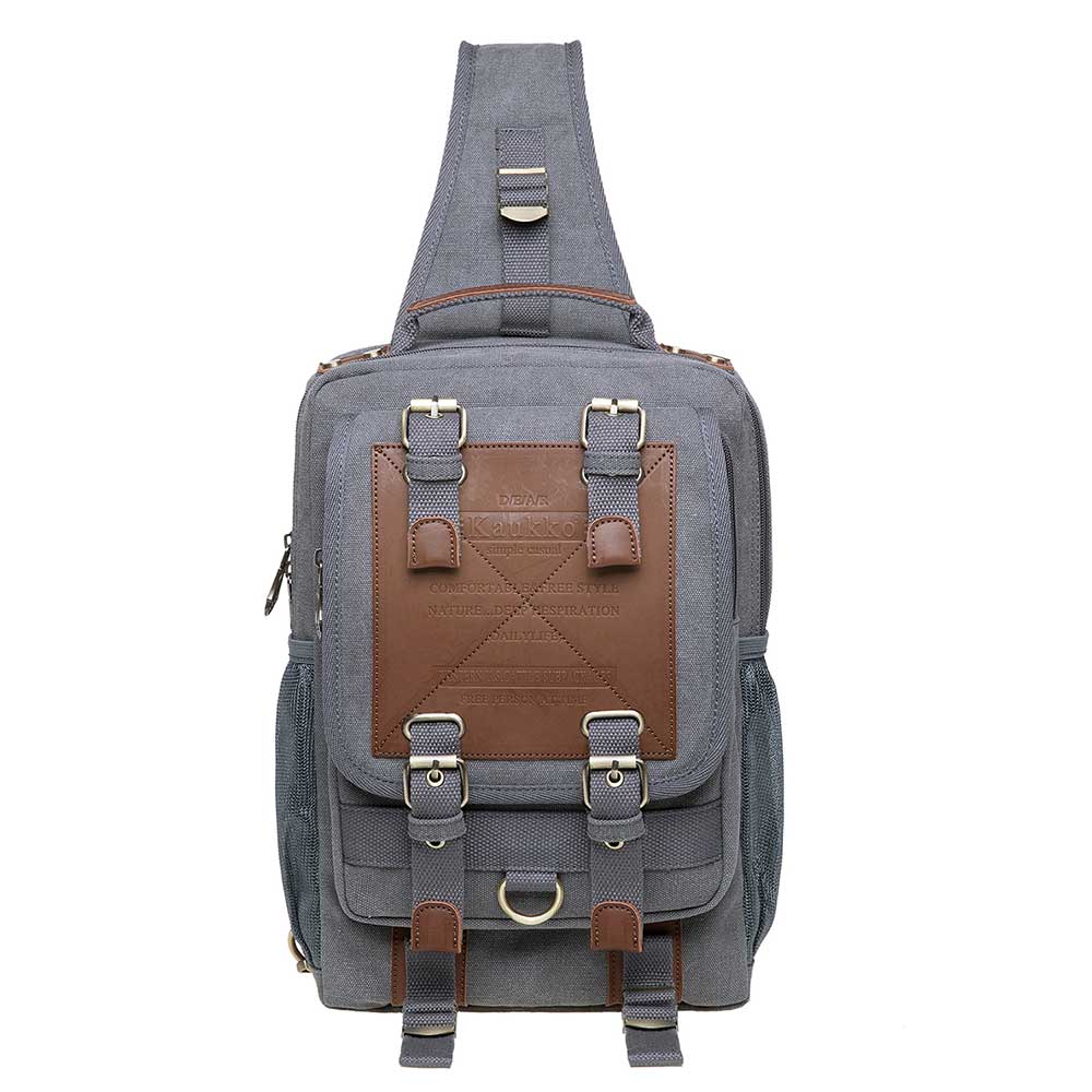 KAUKKO Canvas Crossbody Sling Bag Backpack for Cycling, Hiking, Camping, and Commuting, FD252-3 ( Grey ) - kaukko