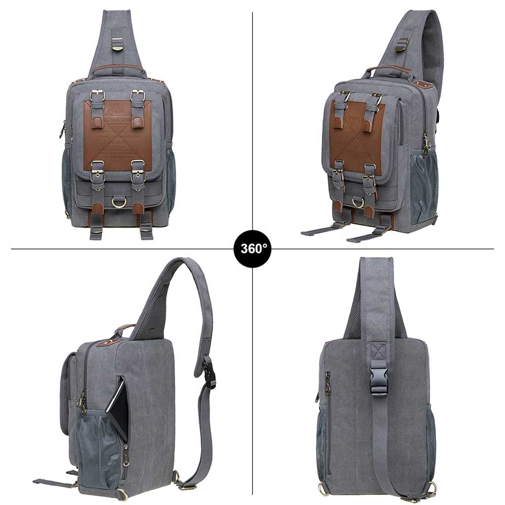 KAUKKO Canvas Crossbody Sling Bag Backpack for Cycling, Hiking, Camping, and Commuting, FD252-3 ( Grey ) - kaukko