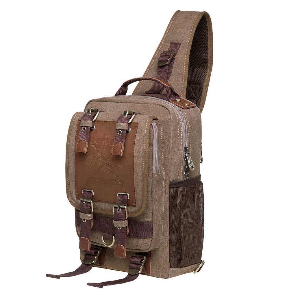 KAUKKO Canvas Crossbody Sling Bag Backpack for Cycling, Hiking, Camping, and Commuting, FD252-3 ( Khaki ) - kaukko