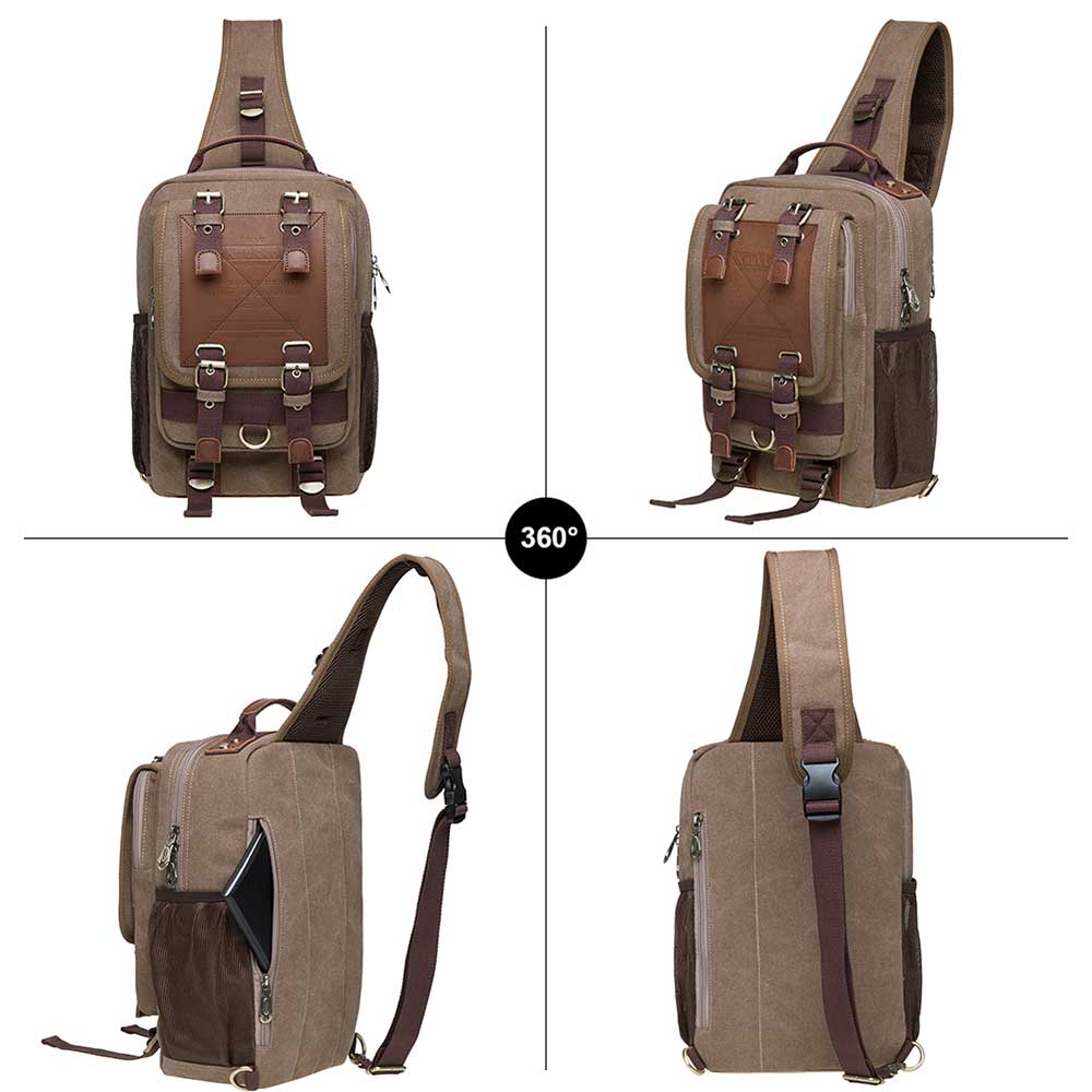KAUKKO Canvas Crossbody Sling Bag Backpack for Cycling, Hiking, Camping, and Commuting, FD252-3 ( Khaki ) - kaukko