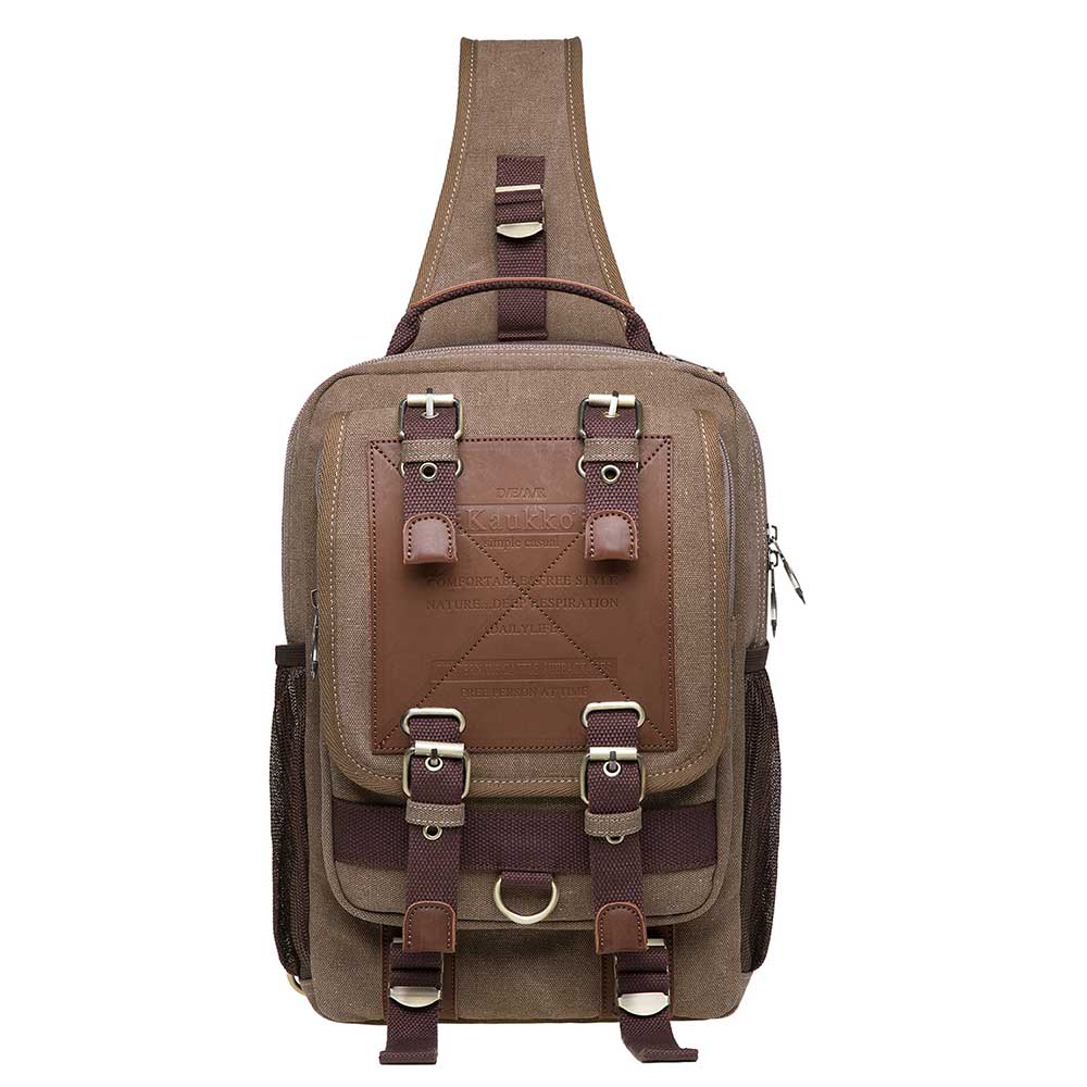 KAUKKO Canvas Crossbody Sling Bag Backpack for Cycling, Hiking, Camping, and Commuting, FD252-3 ( Khaki ) - kaukko
