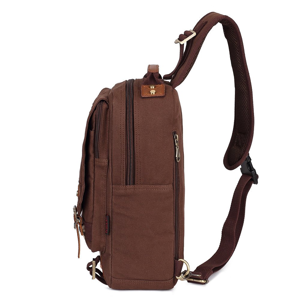 KAUKKO Canvas Crossbody Sling Bag Backpack for Cycling, Hiking, Camping, and Commuting, FD252 ( Coffee ) - kaukko