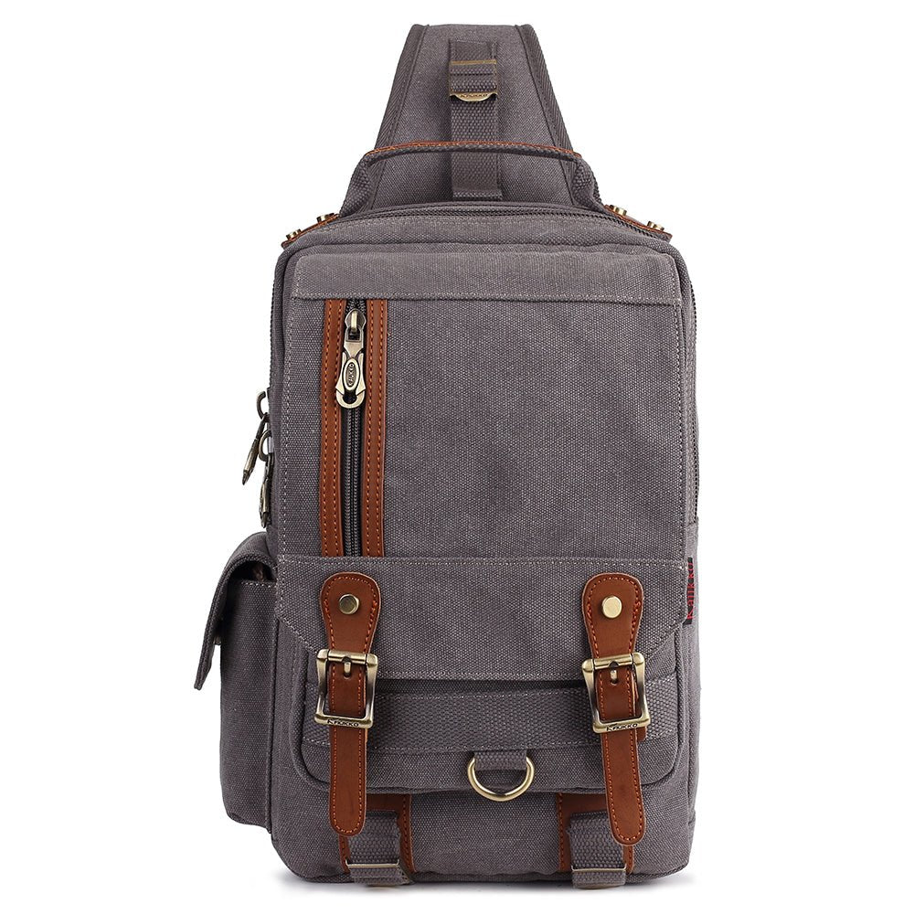 KAUKKO Canvas Crossbody Sling Bag Backpack for Cycling, Hiking, Camping, and Commuting, FD252 ( Grey ) - kaukko