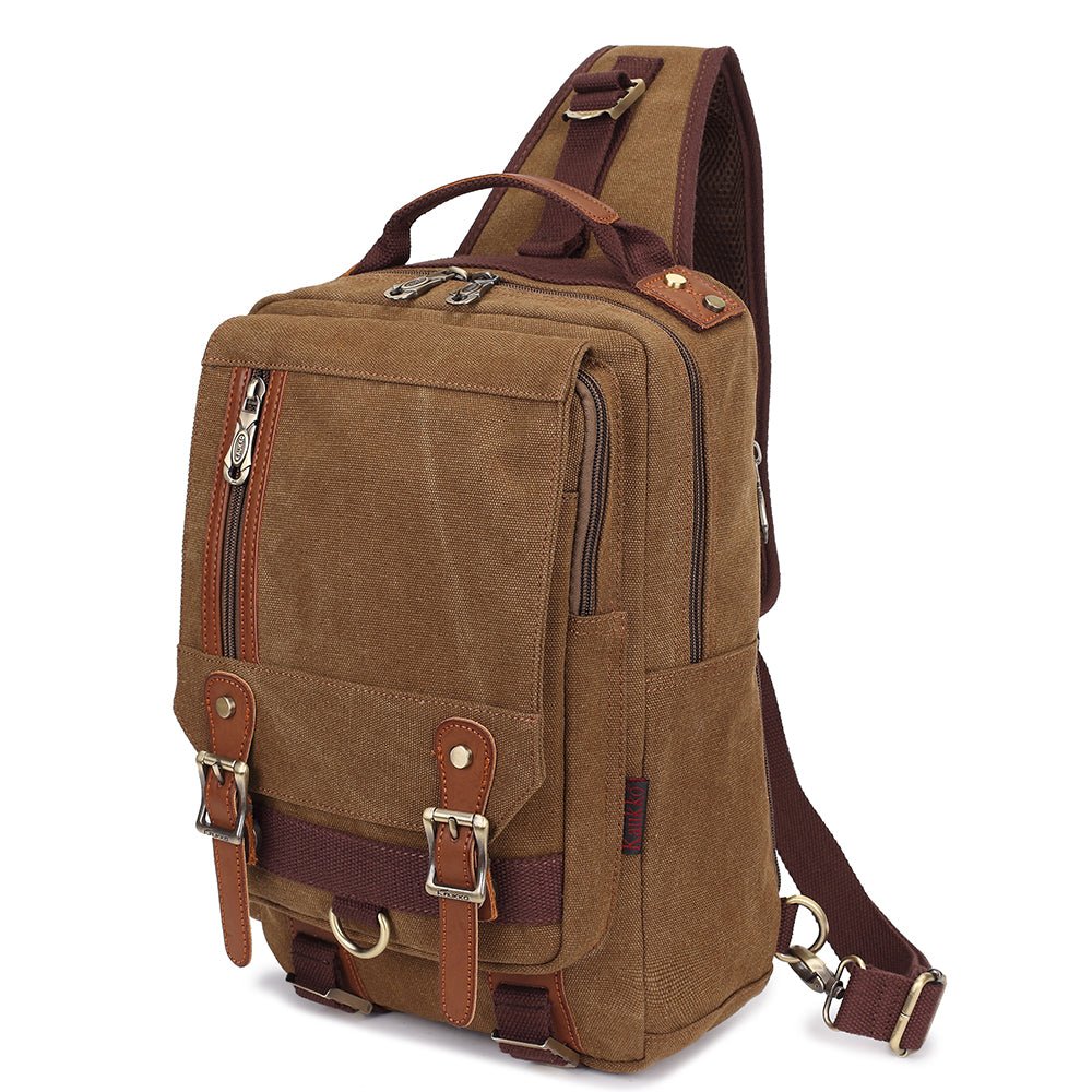 KAUKKO Canvas Crossbody Sling Bag Backpack for Cycling, Hiking, Camping, and Commuting, FD252 ( Khaki ) - kaukko