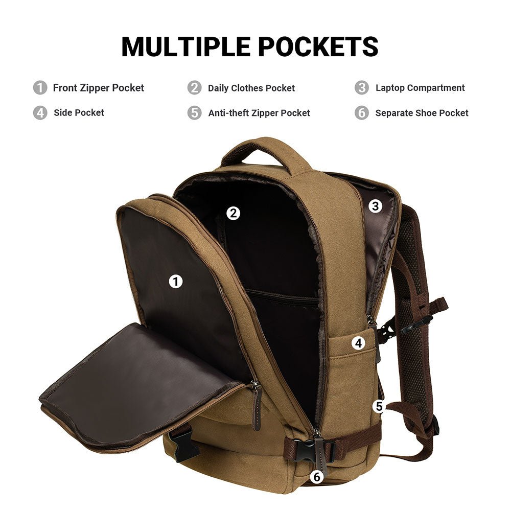 KAUKKO Canvas Travel Rucksack, Large Capacity Carry On Bag - kaukko