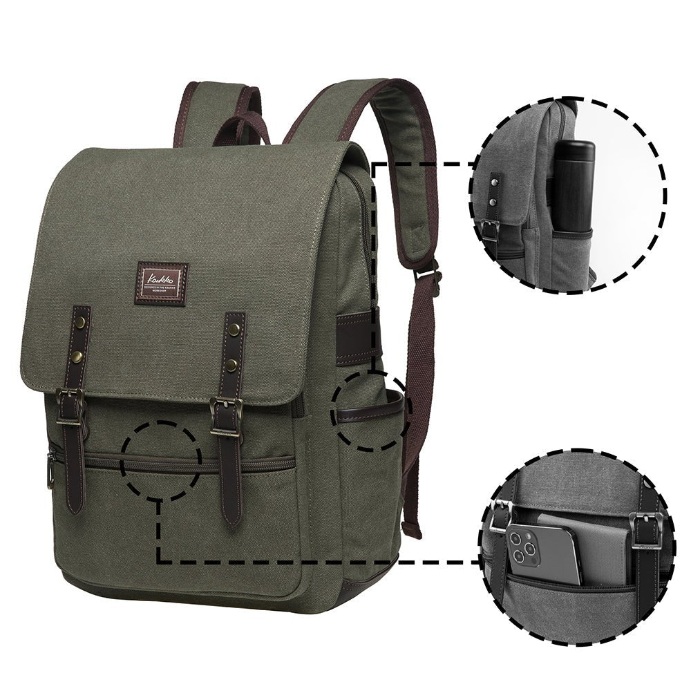 KAUKKO Casual Daypacks Multipurpose Backpacks, Outdoor Backpack, Travel Rucksack, Laptop Backpack Fits 15" (16-ARMYGREEN) - kaukko