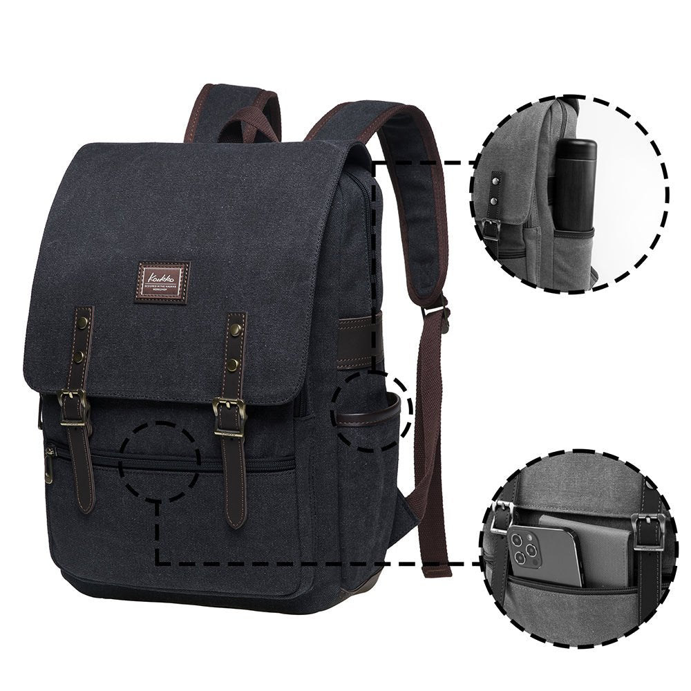 KAUKKO Casual Daypacks Multipurpose Backpacks, Outdoor Backpack, Travel Rucksack, Laptop Backpack Fits 15" (16-BLACK) - kaukko