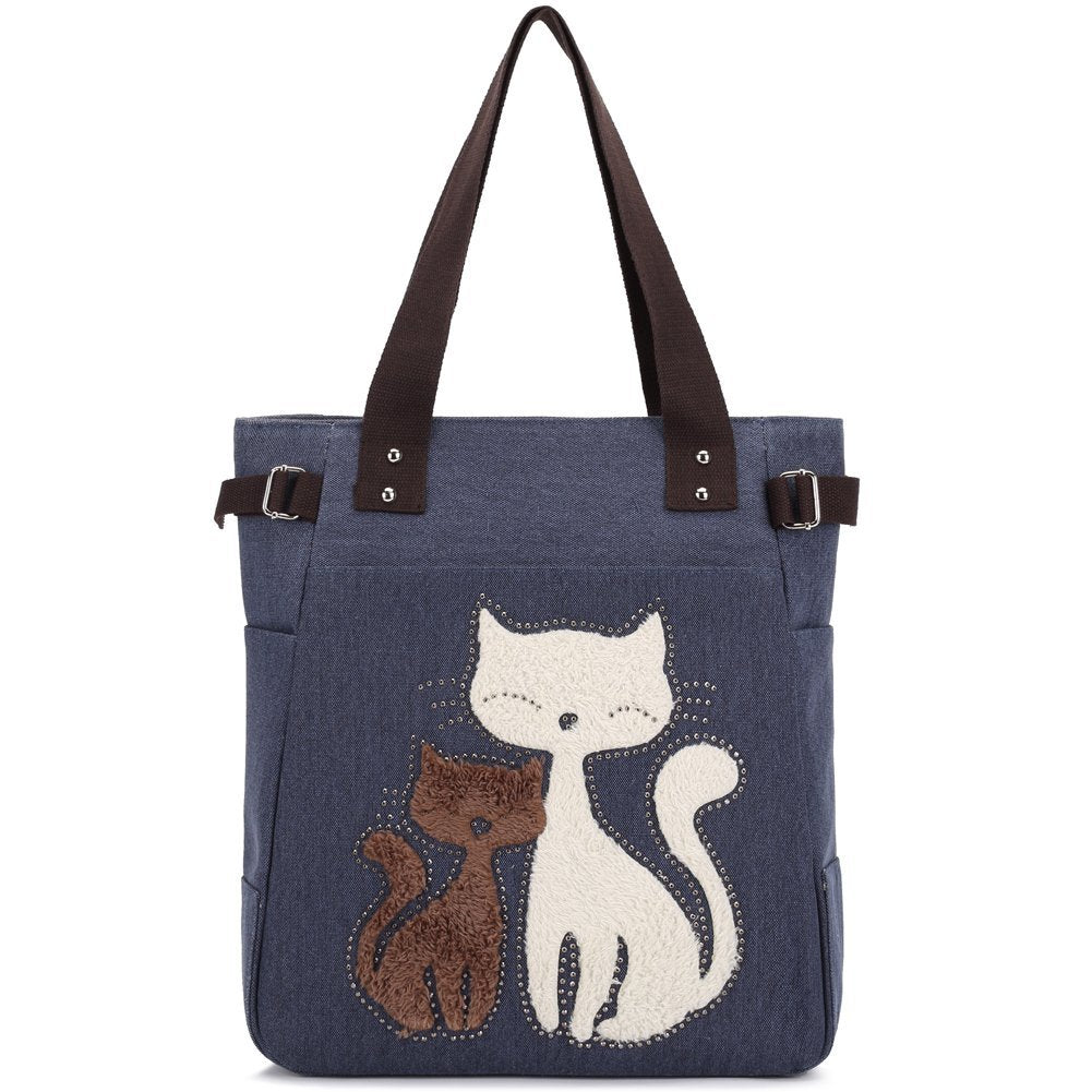 KAUKKO Cute Cat Totes Women Canvas Handbags ( Blue ) - kaukko