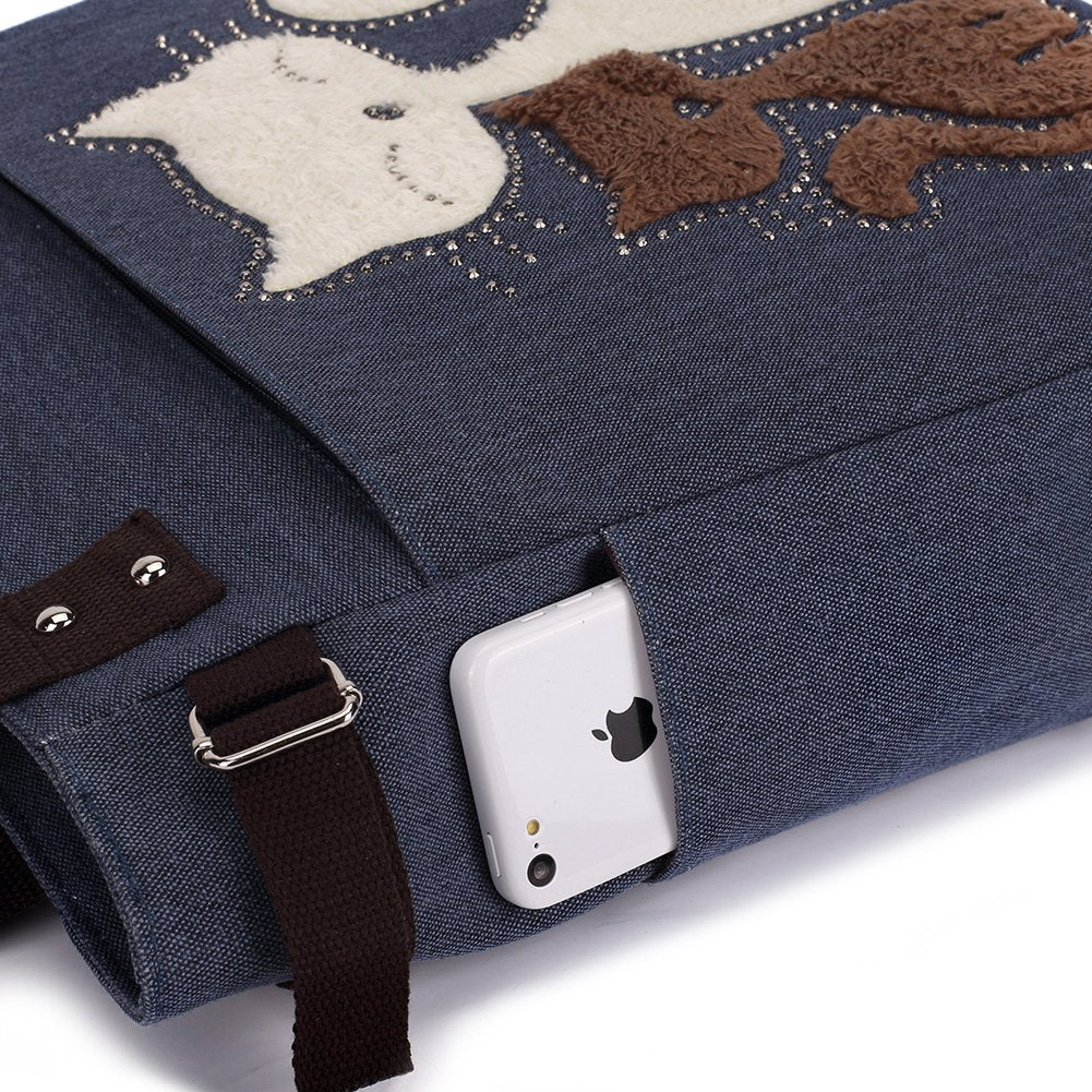 KAUKKO Cute Cat Totes Women Canvas Handbags ( Blue ) - kaukko