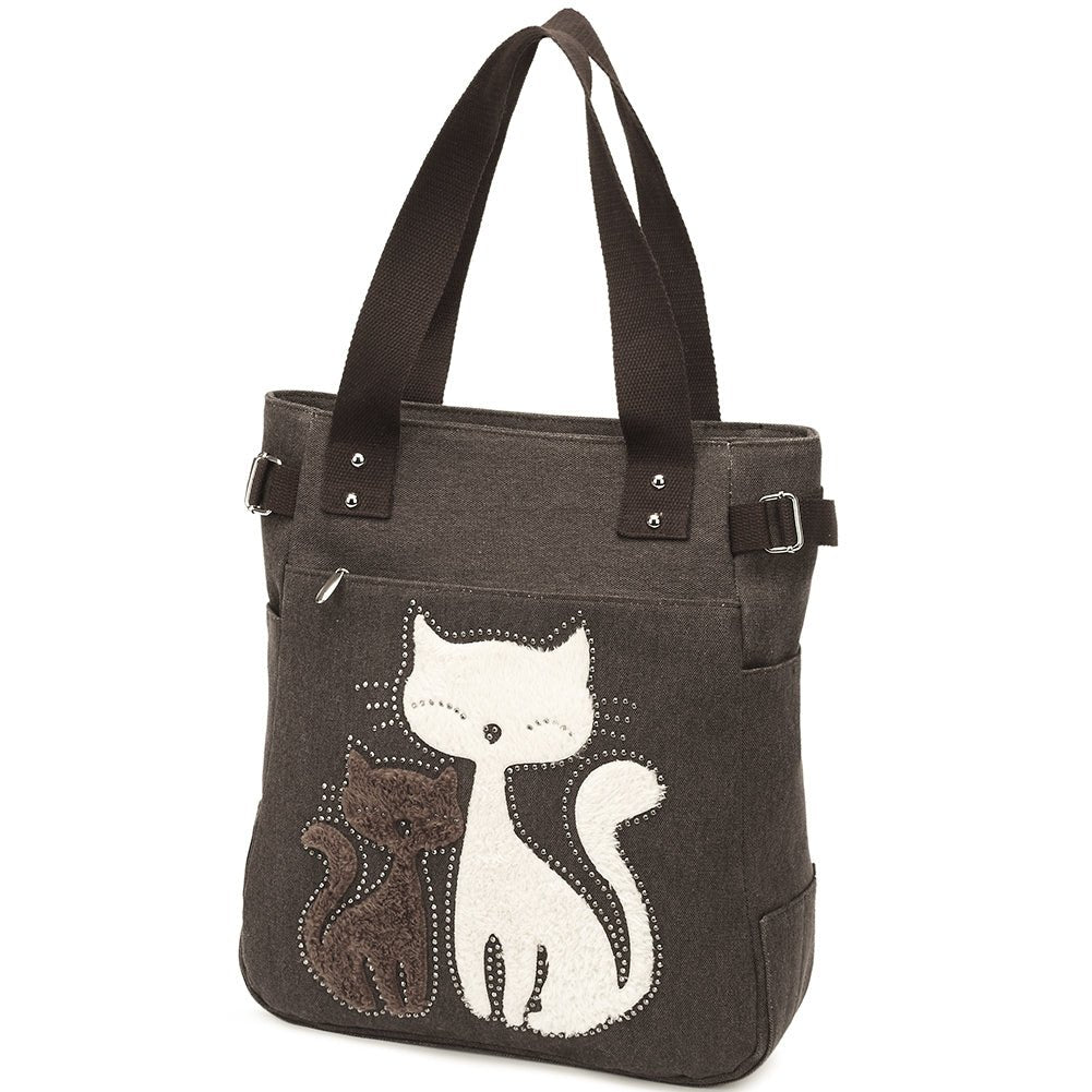 KAUKKO Cute Cat Totes Women Canvas Handbags ( Coffee ) - kaukko