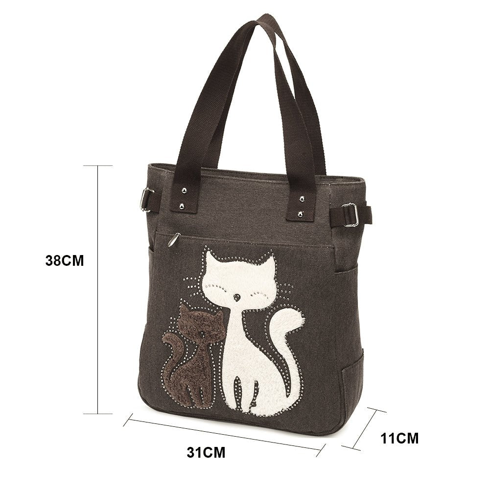 KAUKKO Cute Cat Totes Women Canvas Handbags ( Coffee ) - kaukko