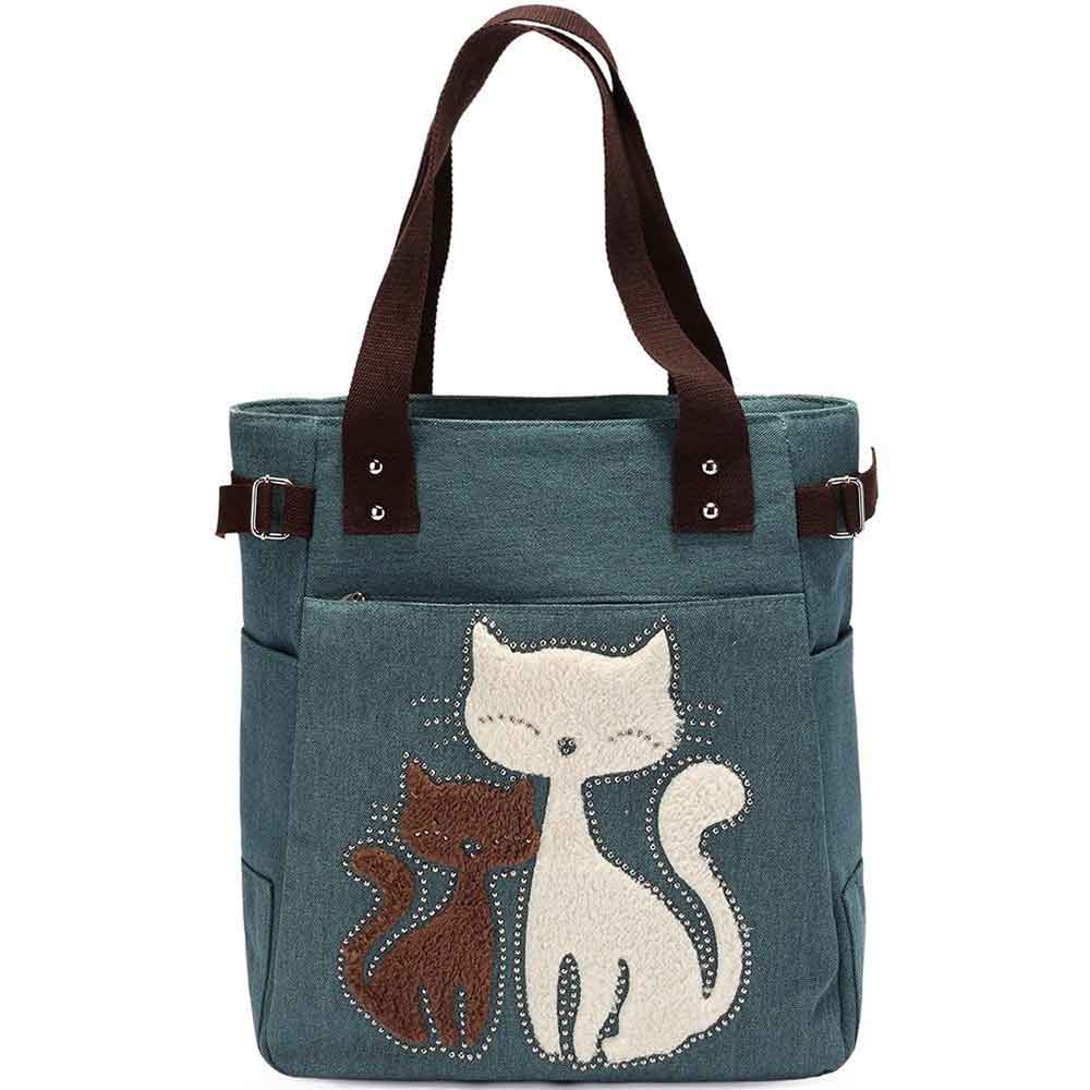 KAUKKO Cute Cat Totes Women Canvas Handbags ( Green) - kaukko