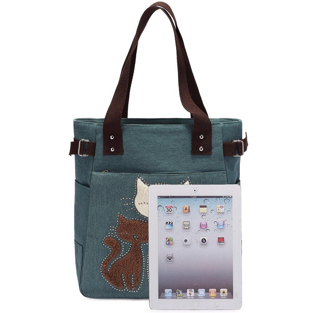 KAUKKO Cute Cat Totes Women Canvas Handbags ( Green) - kaukko