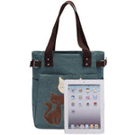 KAUKKO Cute Cat Totes Women Canvas Handbags ( Green) - kaukko