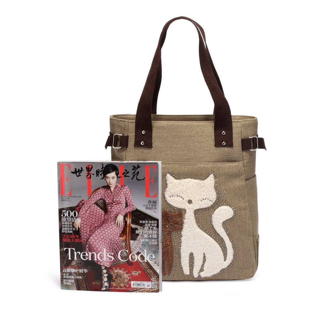 KAUKKO Cute Cat Totes Women Canvas Handbags ( Khaki ) - kaukko