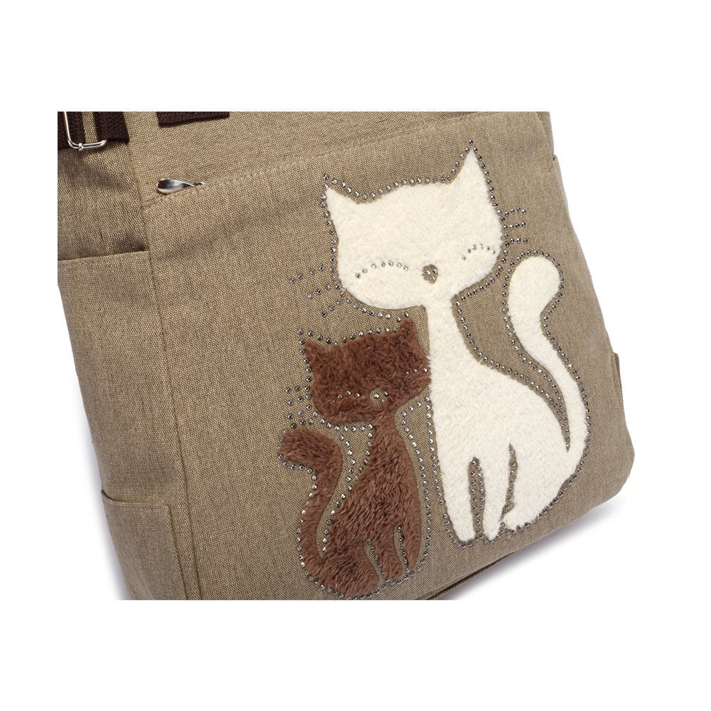 KAUKKO Cute Cat Totes Women Canvas Handbags ( Khaki ) - kaukko