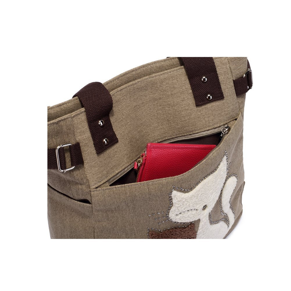 KAUKKO Cute Cat Totes Women Canvas Handbags ( Khaki ) - kaukko