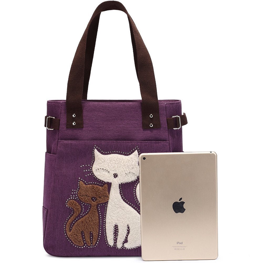 KAUKKO Cute Cat Totes Women Canvas Handbags ( Purple ) - kaukko