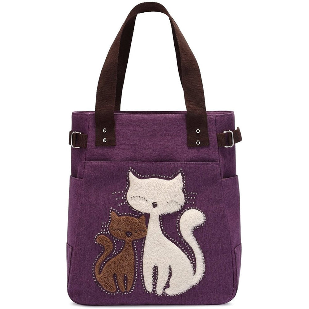 KAUKKO Cute Cat Totes Women Canvas Handbags ( Purple ) - kaukko
