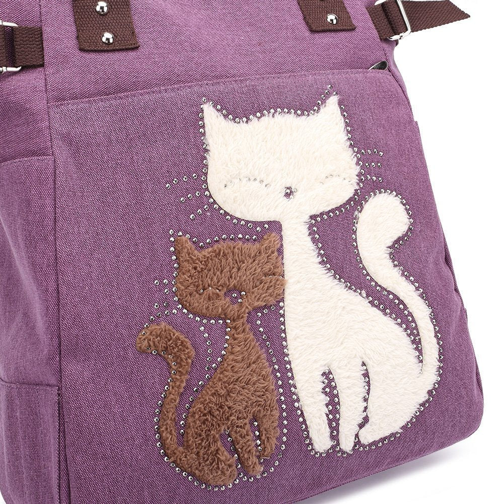 KAUKKO Cute Cat Totes Women Canvas Handbags ( Purple ) - kaukko