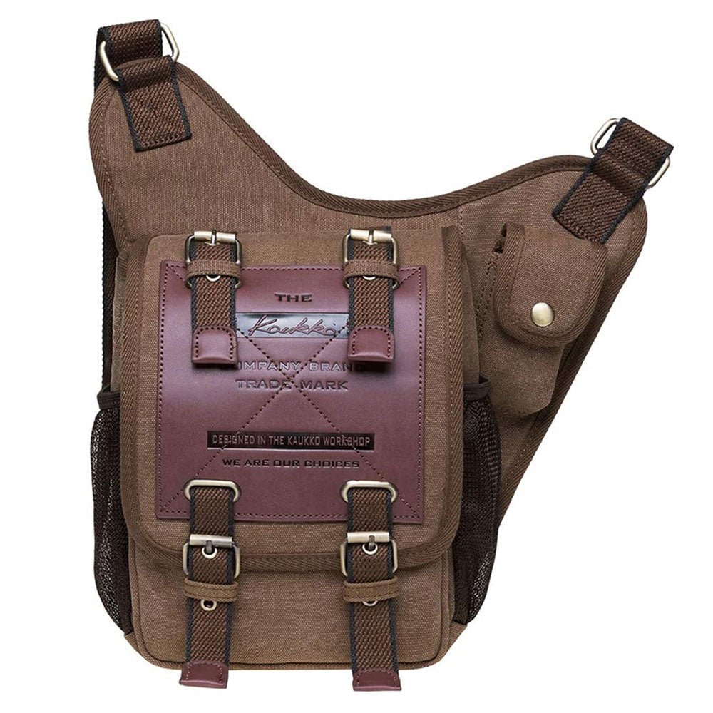 KAUKKO Mens Vintage Canvas Shoulder Messenger Bag Chest Leather Patchwork FH03( Khaki ) - kaukko