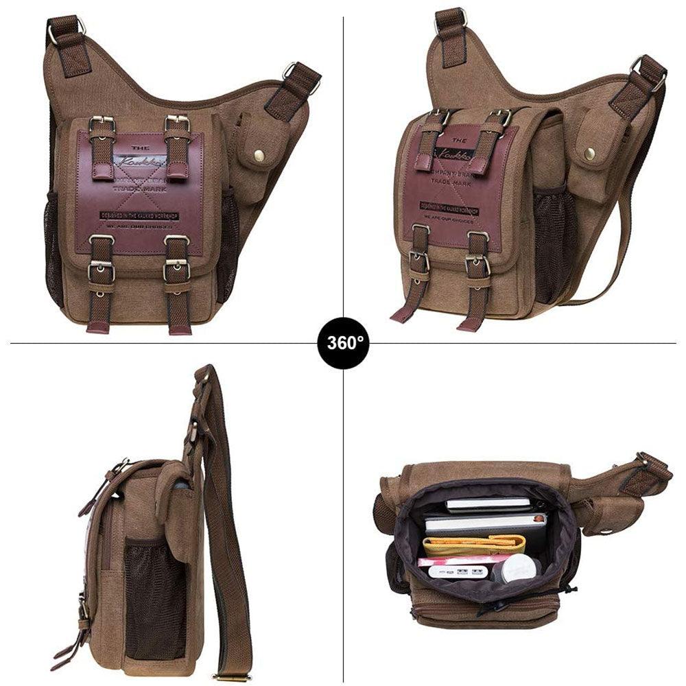 KAUKKO Mens Vintage Canvas Shoulder Messenger Bag Chest Leather Patchwork FH03( Khaki ) - kaukko
