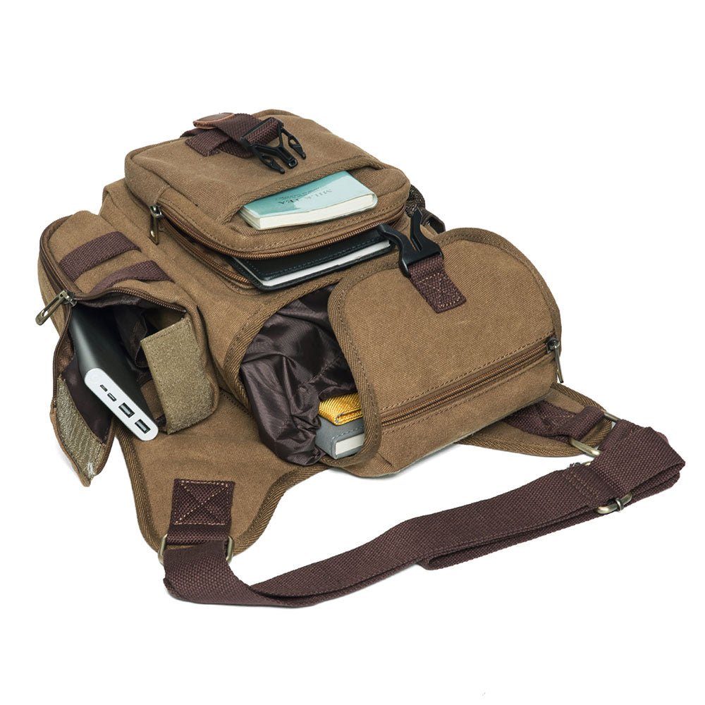 KAUKKO Mens Vintage Canvas Shoulder Messenger Bag Chest Leather Patchwork Messenger Bag - kaukko