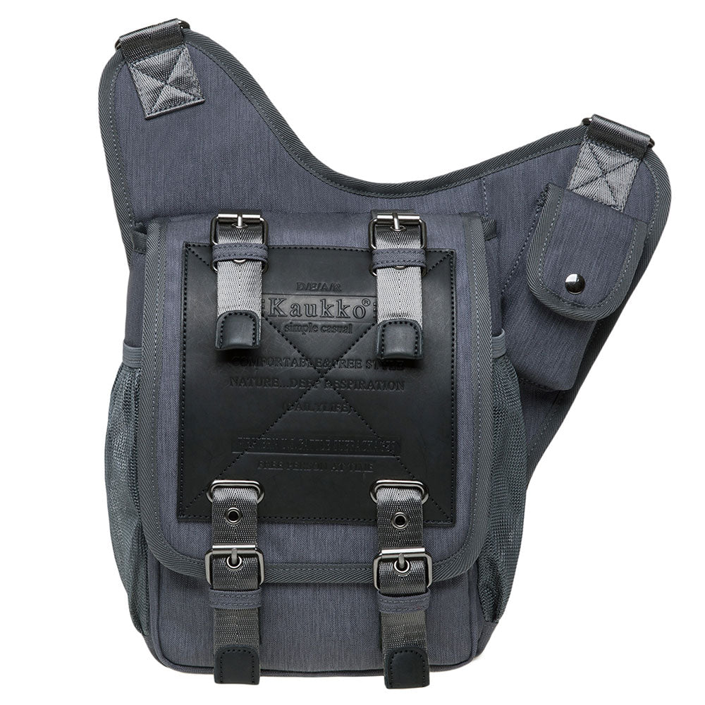 KAUKKO Mens Vintage Canvas Shoulder Messenger Bag Chest Leather Patchwork Messenger Bag FH03-1 ( Grey ) - kaukko