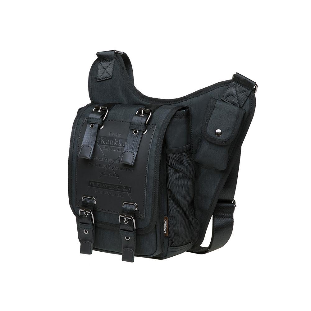 KAUKKO Mens Vintage Canvas Shoulder Messenger Bag Chest Leather Patchwork Messenger Bag FH03-2 ( Black ) - kaukko