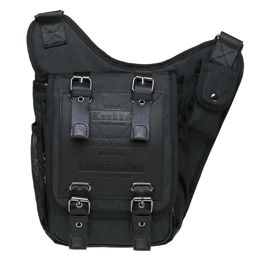 KAUKKO Mens Vintage Canvas Shoulder Messenger Bag Chest Leather Patchwork Messenger Bag FH03-2 ( Black ) - kaukko