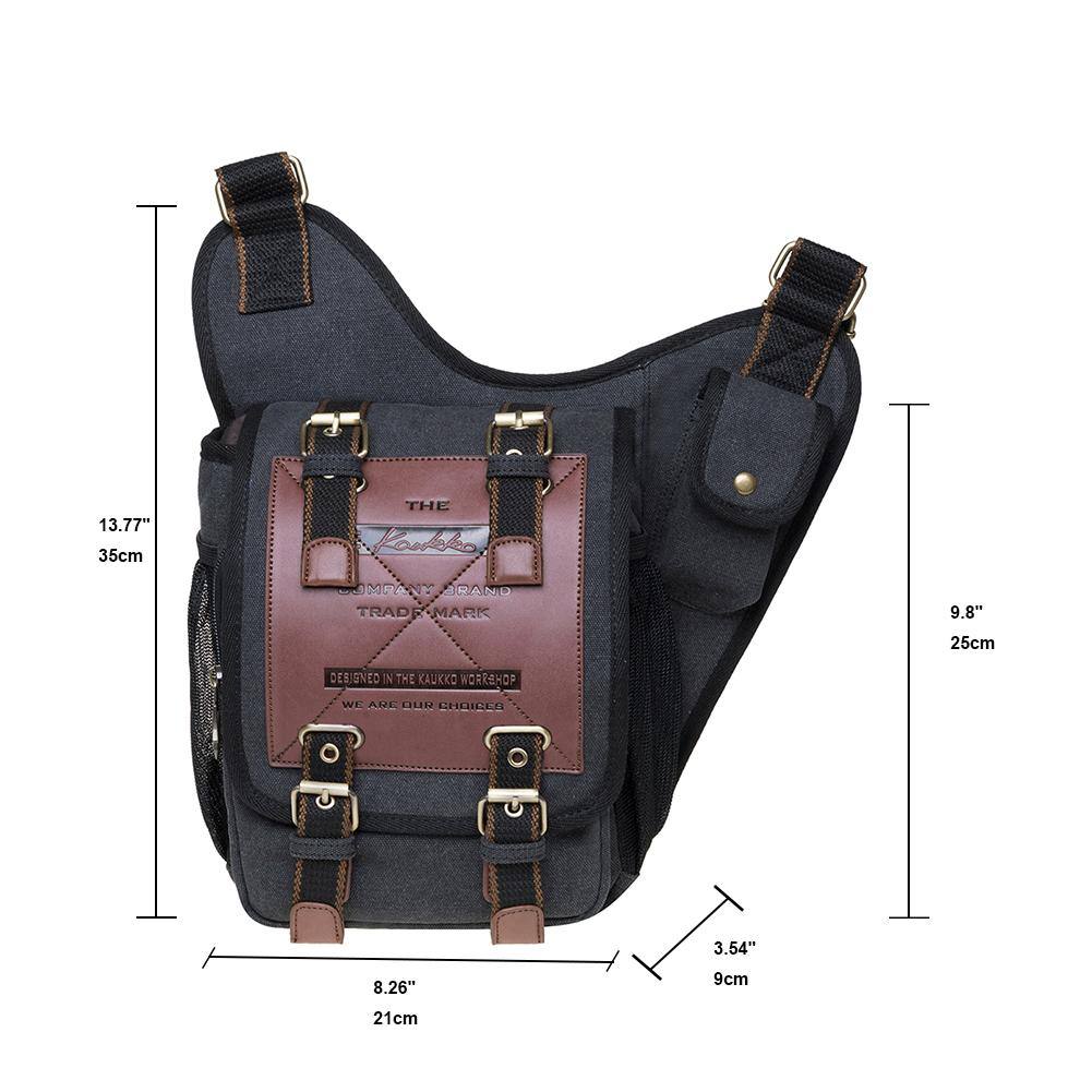 KAUKKO Mens Vintage Canvas Shoulder Messenger Bag Chest Leather Patchwork Messenger Bag FH03 ( Black ) - kaukko