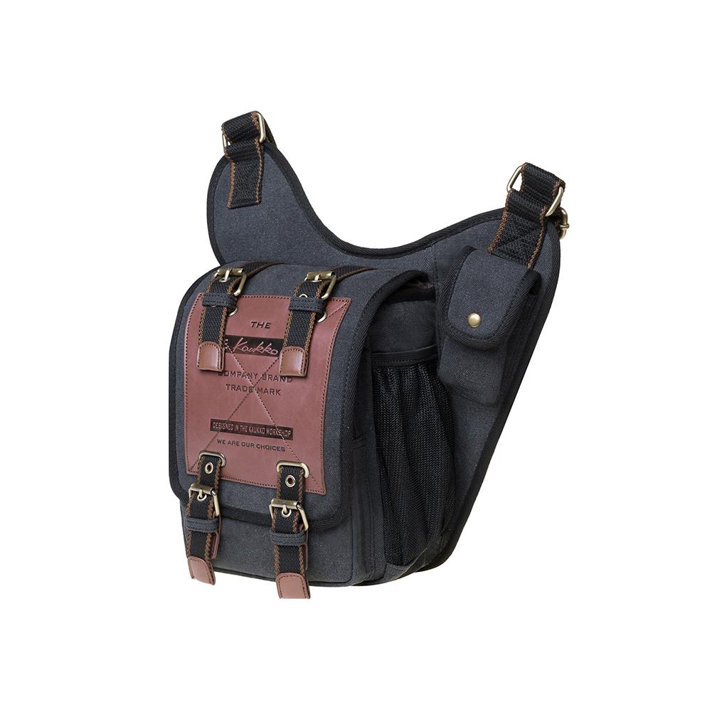 KAUKKO Mens Vintage Canvas Shoulder Messenger Bag Chest Leather Patchwork Messenger Bag FH03 ( Black ) - kaukko