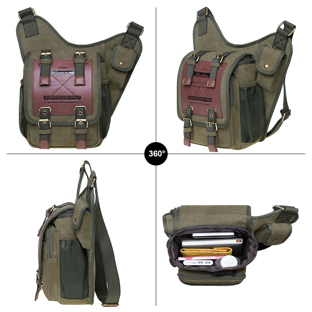 KAUKKO Mens Vintage Canvas Shoulder Messenger Bag Chest Leather Patchwork Messenger Bag FH03 ( Green ) - kaukko