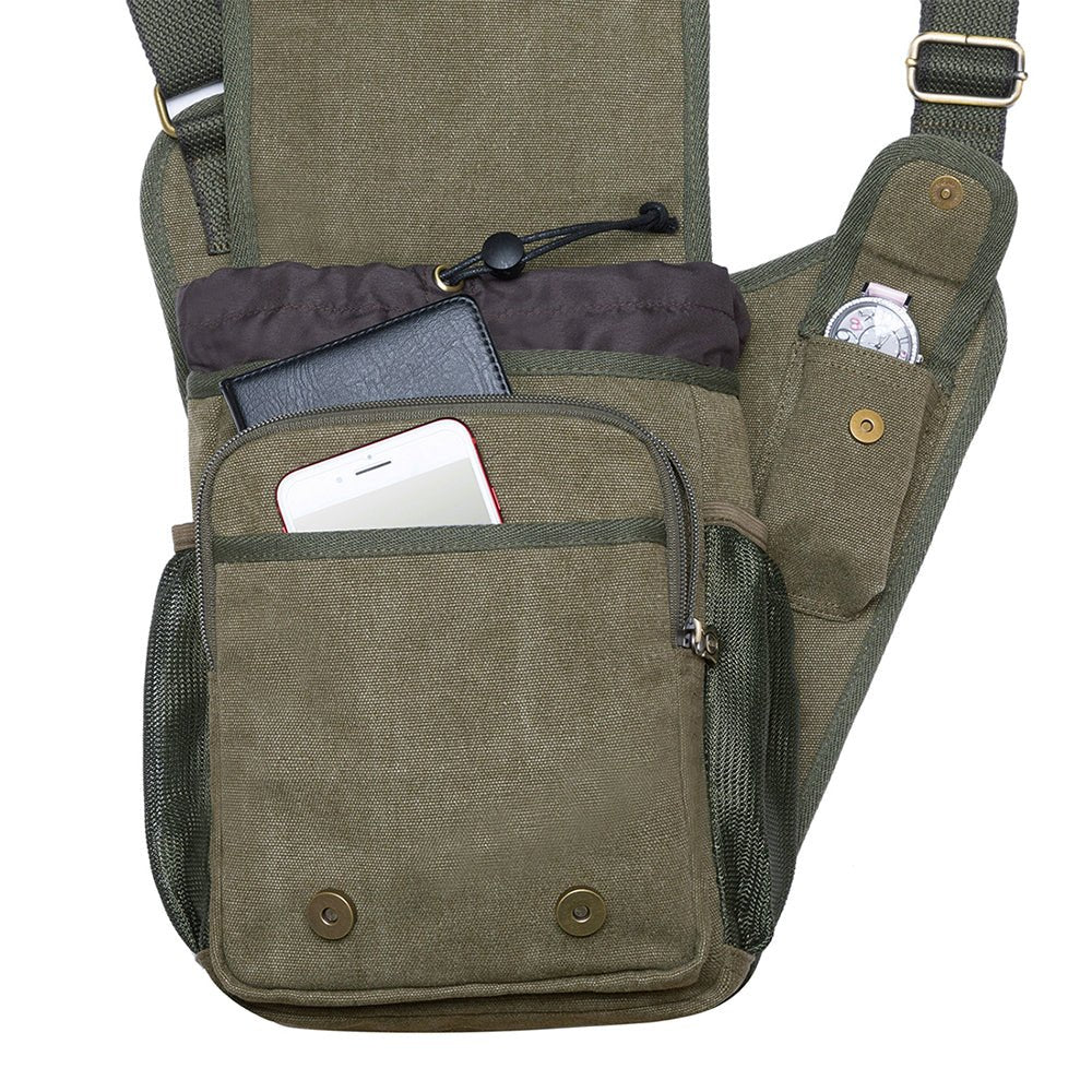 KAUKKO Mens Vintage Canvas Shoulder Messenger Bag Chest Leather Patchwork Messenger Bag FH03 ( Green ) - kaukko