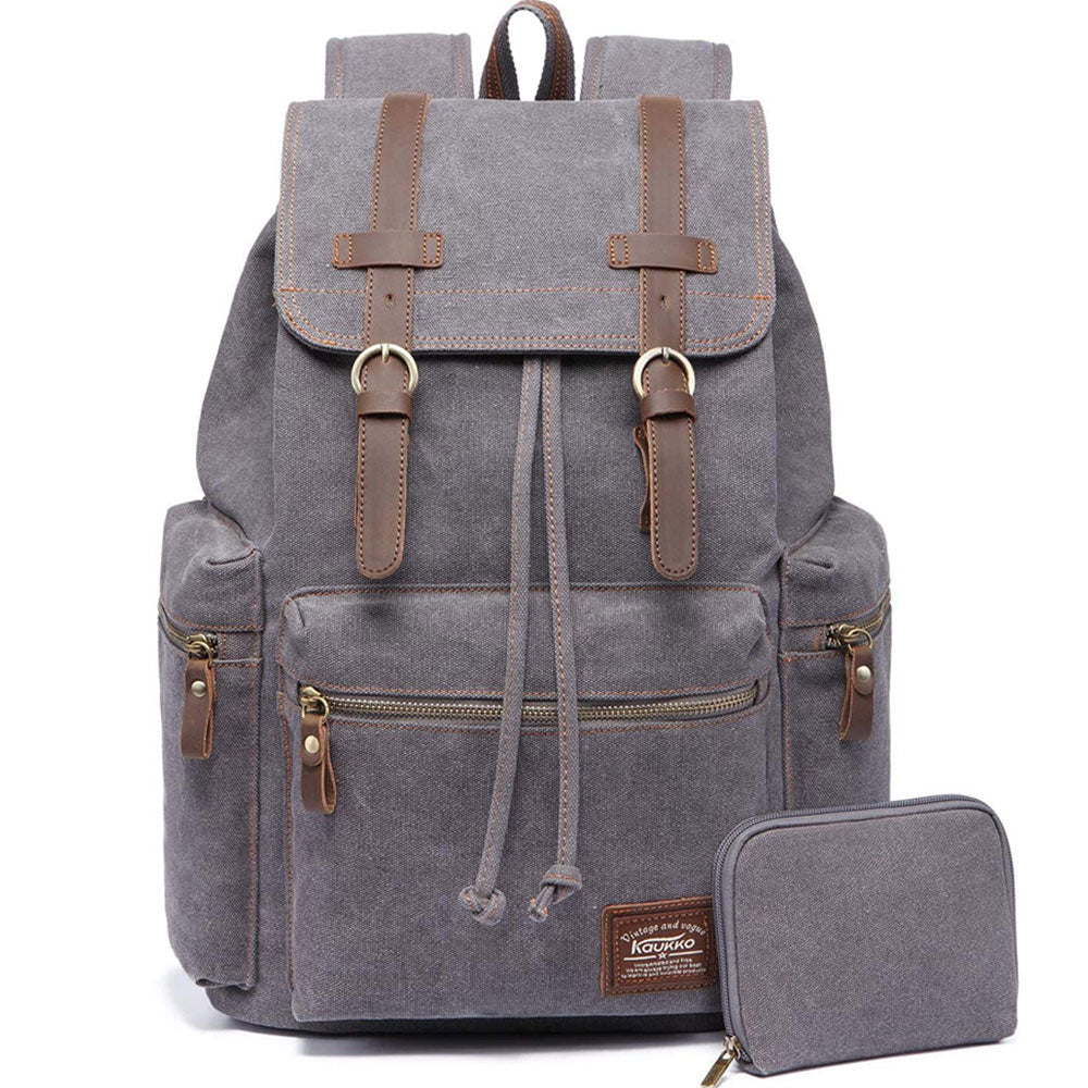 KAUKKO Vintage Casual Canvas and Leather Rucksack Retro Backpack for School Work Travel Hiking, 19L