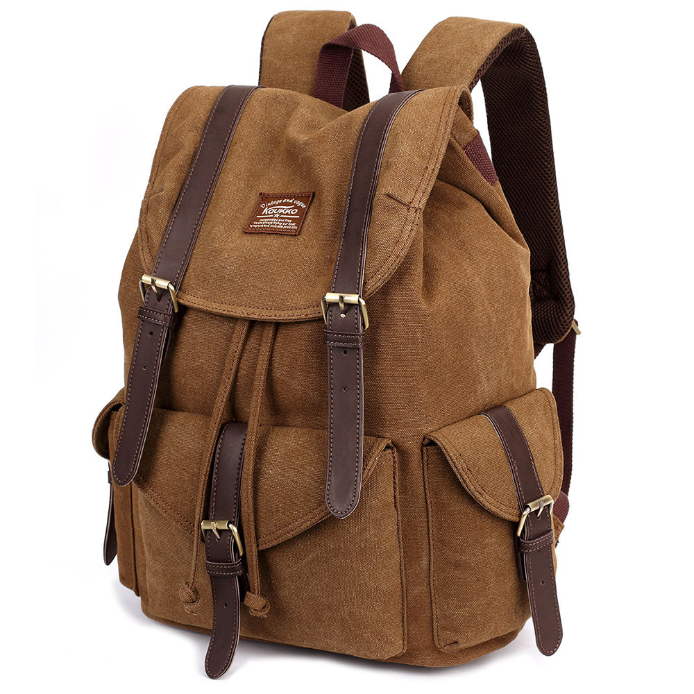 KAUKKO Retro Canvas Bag Outdoor School Backpack Travel Casual Hiking Rucksack  ( Khaki )
