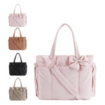 Padded Tote Bag With Bow Casual Quilted Padded Women Shoulder Bags Fit 15.6in Laptop Large Capacity Yoga Gym Bags