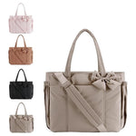 Padded Tote Bag With Bow Casual Quilted Padded Women Shoulder Bags Fit 15.6in Laptop Large Capacity Yoga Gym Bags