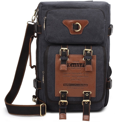 KAUKKO Retro Canvas Backpack Handbag Shoulder Bag Multi-purpose Outdoor Travel Men Backpack, 22L( black ) - kaukko