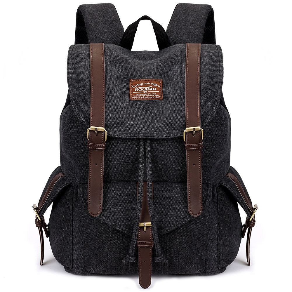 KAUKKO Retro Canvas Bag Outdoor School Backpack Travel Casual Hiking Rucksack ( Black ) - kaukko