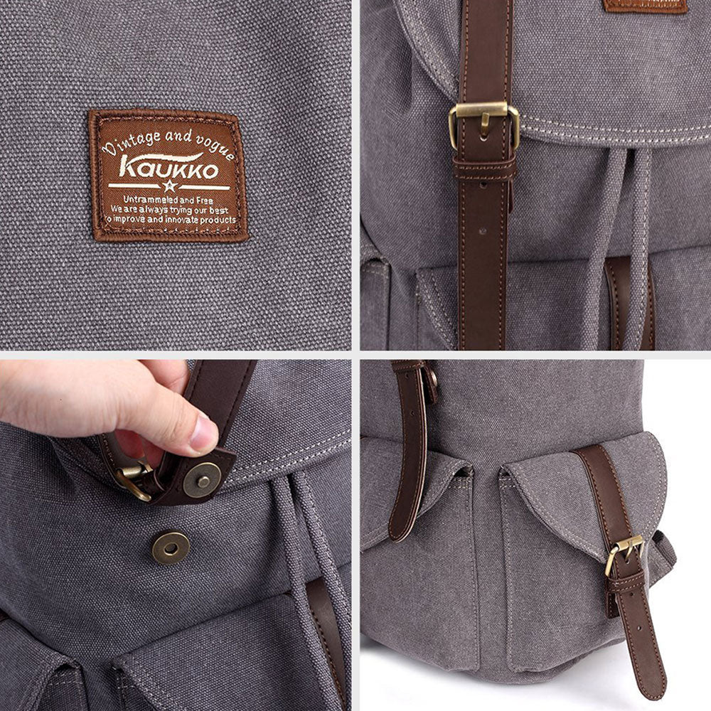 KAUKKO Retro Canvas Bag Outdoor School Backpack Travel Casual Hiking Rucksack ( Grey ) - kaukko