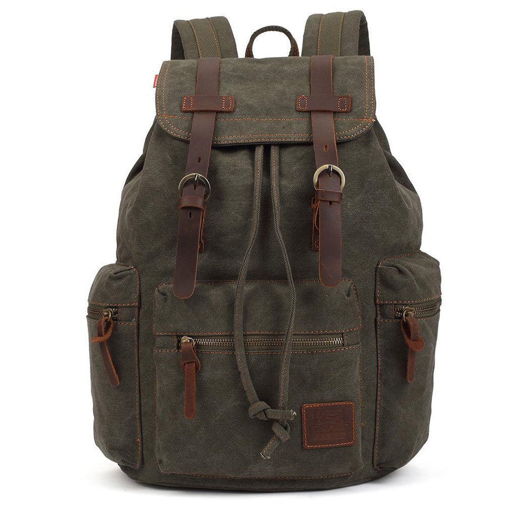 KAUKKO Vintage Casual Canvas and Leather Rucksack Retro Backpack for School Work Travel Hiking, 19L ( Army Green ) - kaukko