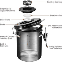 KAUKKO Coffee Canister, Airtight Stainless Steel Kitchen Food Storage Container with Date Tracker and Scoop for Beans, Tea, Flour, Sugar,16OZ, black