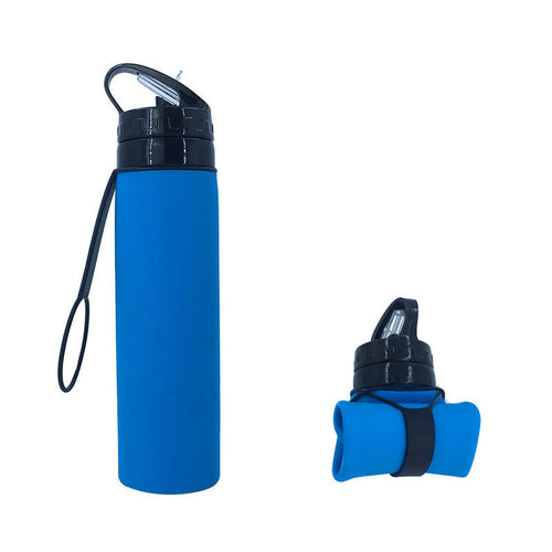 KAUKKO Collapsible Water Bottles, 18 oz Reuseable BPA Free Silicone Leak-proof Travel Water Bottle with Straw for Travel Gym Camping Hiking, Portable Sports Water Bottle with Carabiner Blue