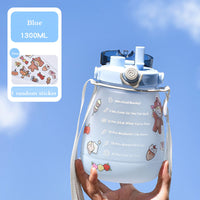 KAUKKO Cute Water Bottle with Motivational Time Marker, Leak Proof & Easy Clean & Carry Handle Blue